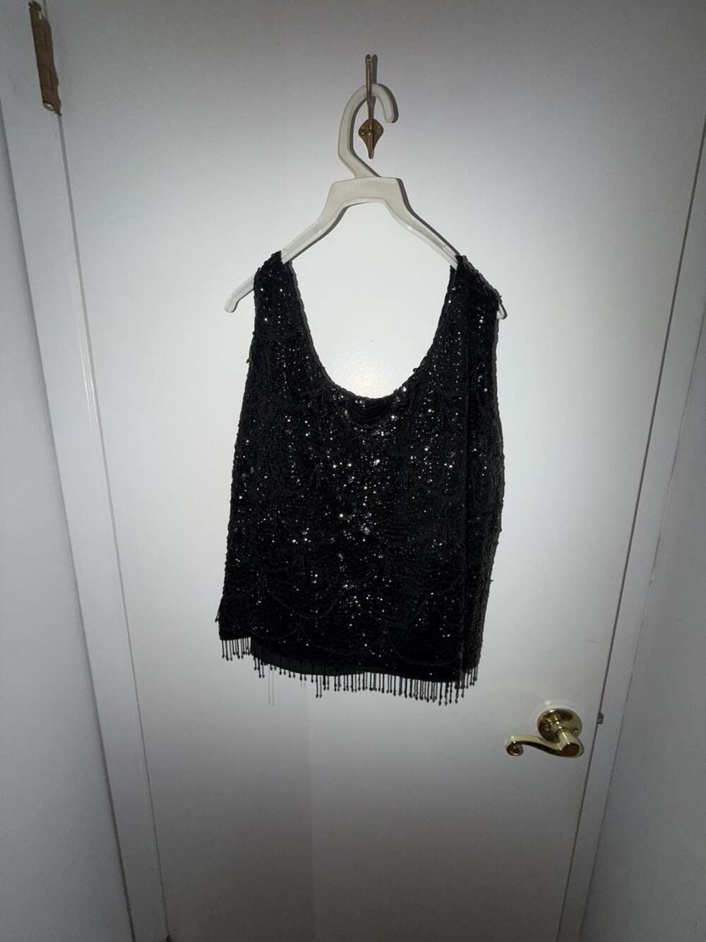 Vintage Black Beaded and Sequined Sleeveless Tank Top with Fringe